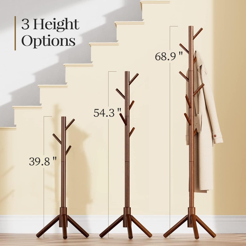 Pipishell Sturdy Wooden Coat Tree with 8 Hooks, 3 Adjustable Sizes for Clothes, Hat Stand Used in Bedroom/Office/Entryway, Brown - Image 2